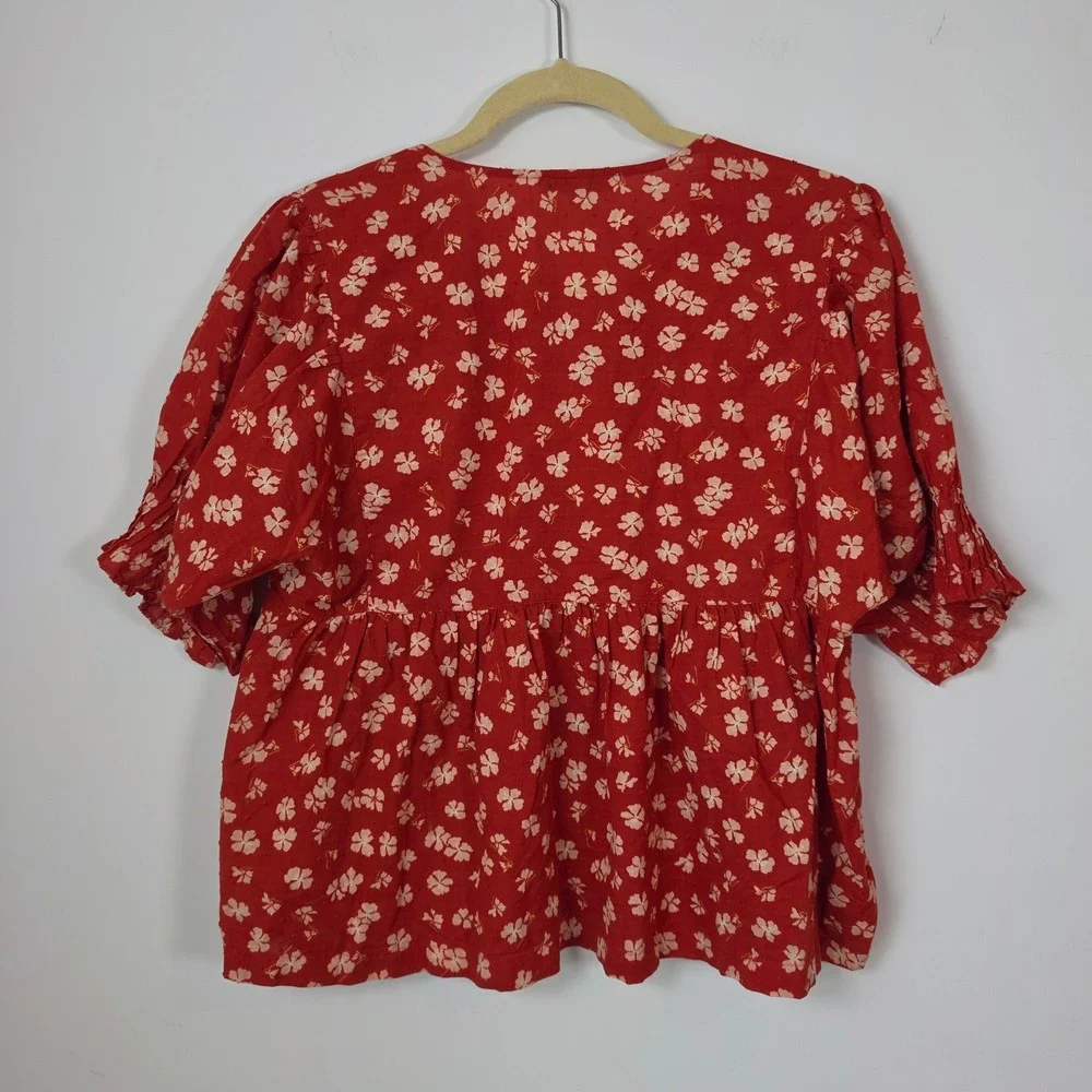 Madewell Red Floral Clip Dot Peplum Blouse Short Puff Sleeve Button Front Top M